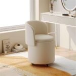 Moving Makeup Vanity Stool with Storage, Ottoman with Wheels, Round Storage Ottoman, Rolling Chair with Foldable Back, Movable Footstool, Storage Chair for Living Room Bedroom(White)