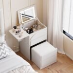 Small White Makeup Vanity Set with LED Tri-Color Adjustable 3 Lighting Modes, Mini Dressing Table with Charging Station and Stool, Modern Smart Vanity with Drawers for Bedroom Dressing Room
